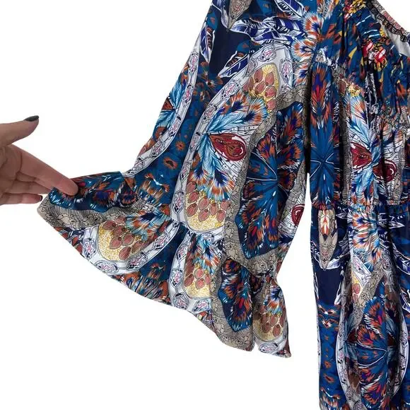 Boho Peacock Print Bell Sleeve Peasant Dress Flowy Festival XL - Picture 7 of 7